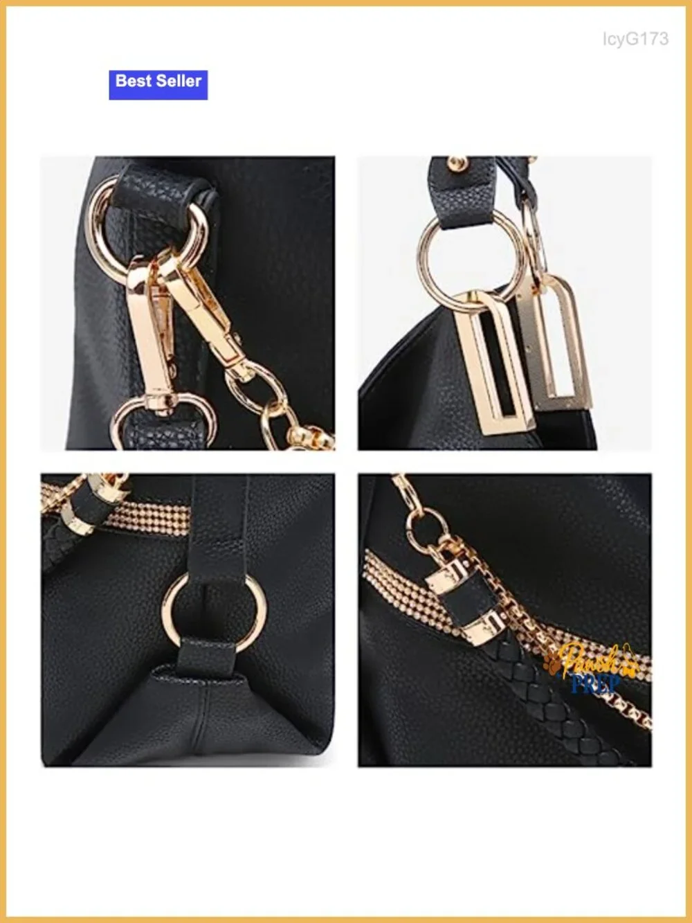 Vegan Leather Hobo Bag with Rhinestone Accents, Adjustable Strap, Tote Purse